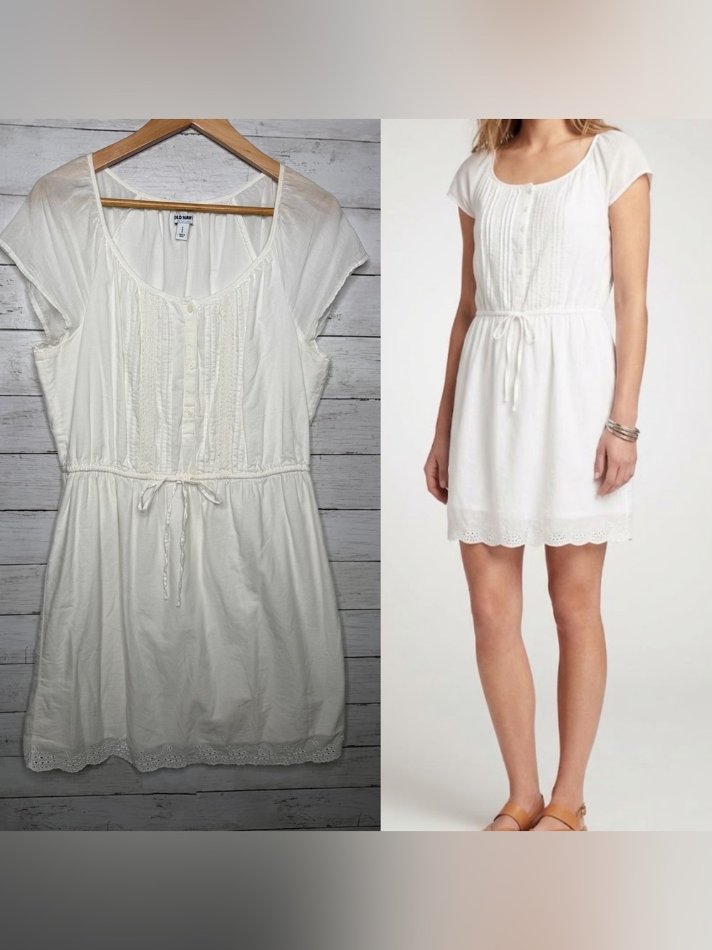 Old Navy White Short Sleeve Tie Waist Lace Trim Cottagecore Dress Casual L